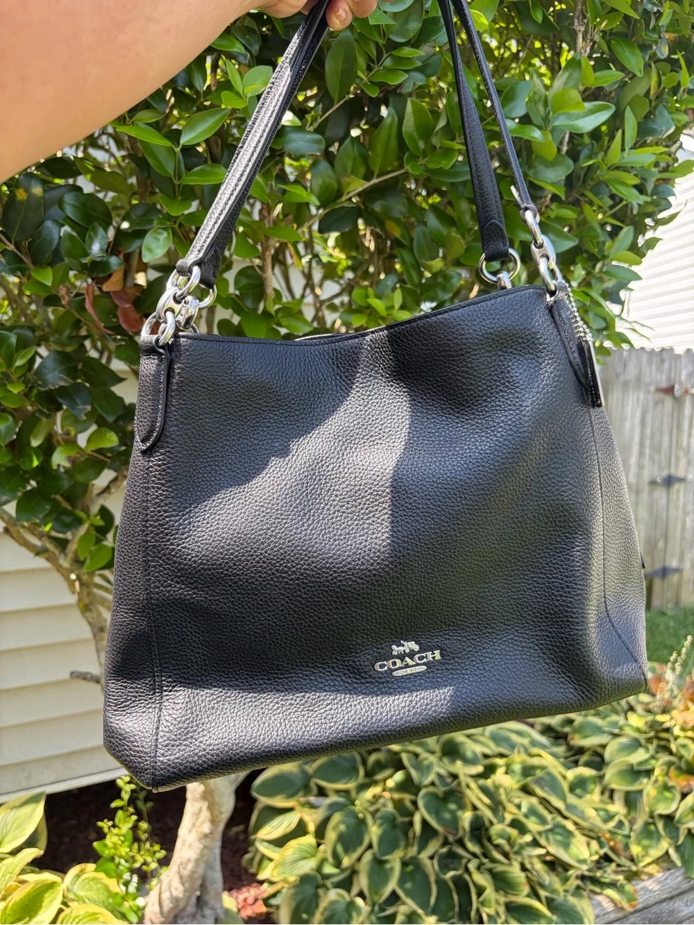 COACH HALLIE Black/Gold GENUINE Pebbled Leather Purse F80268